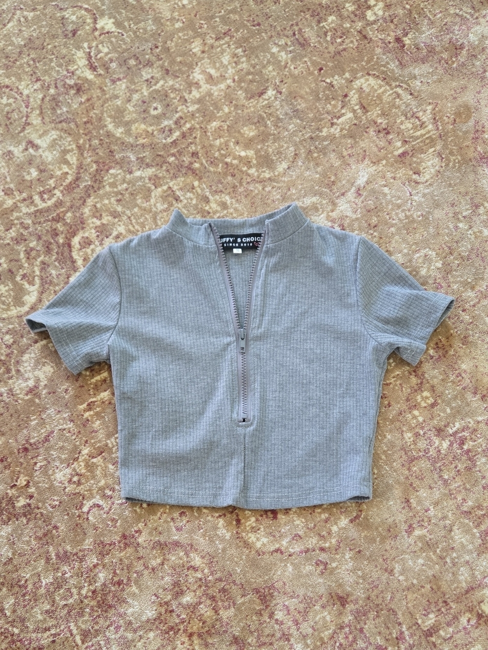 Half-Zip Ribbed Crop Top - Gray